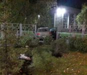 «Пежо» пропахал газон в центре Бердска и сбил ограждения